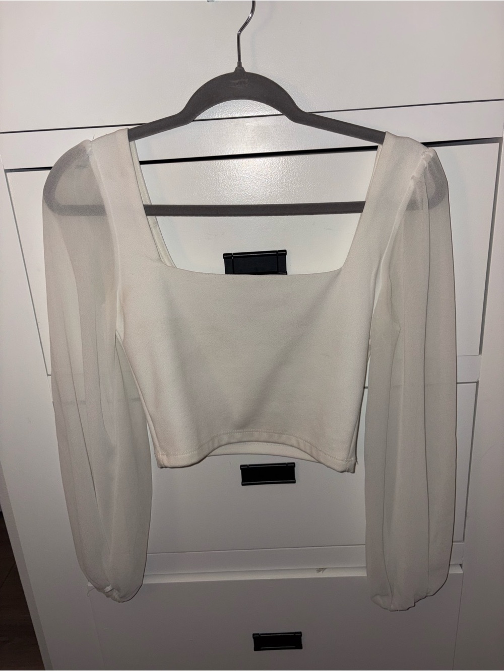 Windsor White Square-Neck Cropped Top with Sheer Long Sleeves